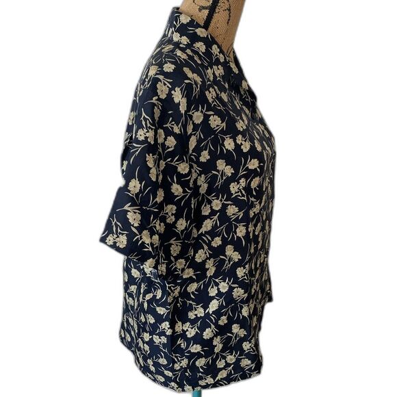 Beroluci of Paris 100% Silk Women's Sport Btn Blouse Dark Blue Tan Floral SMALL - Picture 5 of 10